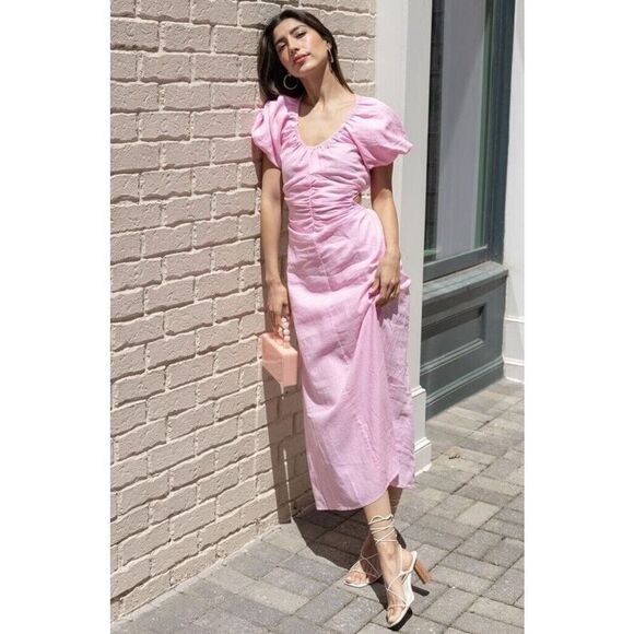 NWT SANCTUARY Maxi Dress Medium Pink Linen Open Back Scoop Neck Lined $129 MSRP - Picture 1 of 14